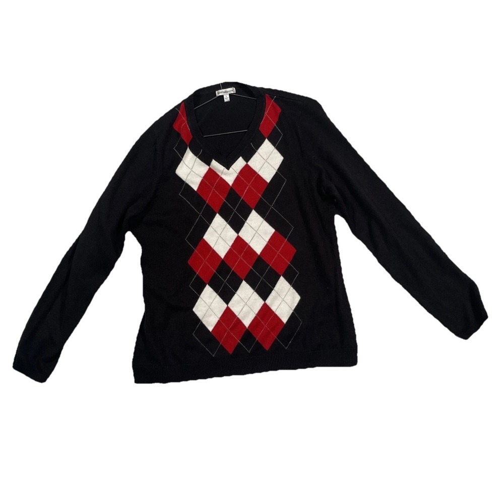 Black V-Neck Argyle Knit Grandpa Sweater SZ L Academia Preppy Professor Soft